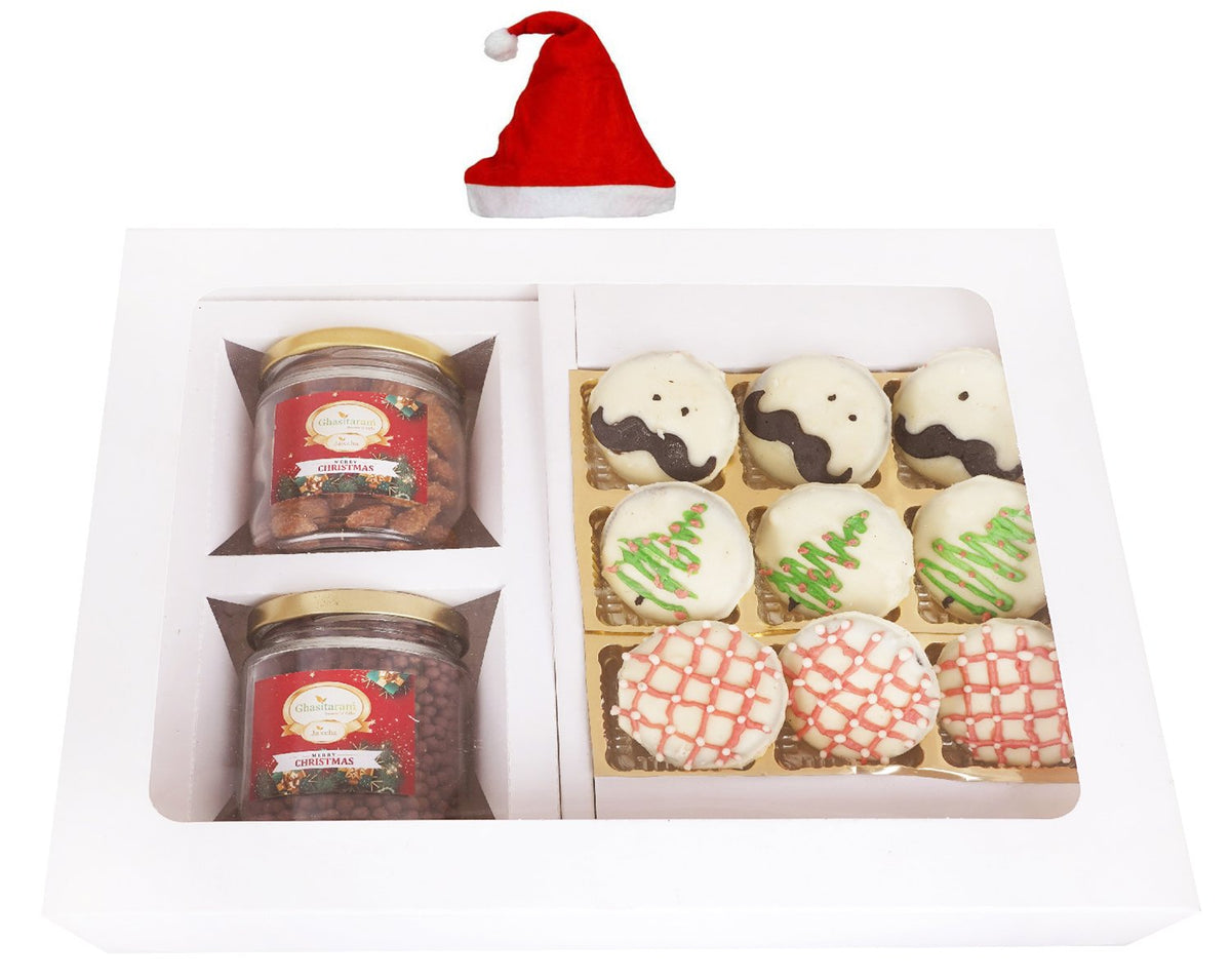 White Christmas Hamper Box Medium with Christmas Cookies and 2 jars of Caramel Almond and Chocolated Coated Crispies