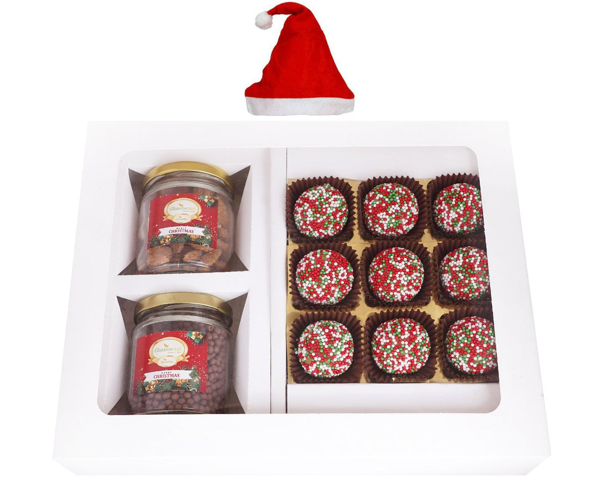 White Christmas Hamper Box Medium with Hazelnut Balls and 2 jars of Caramel Almond and Chocolated Coated Crispies