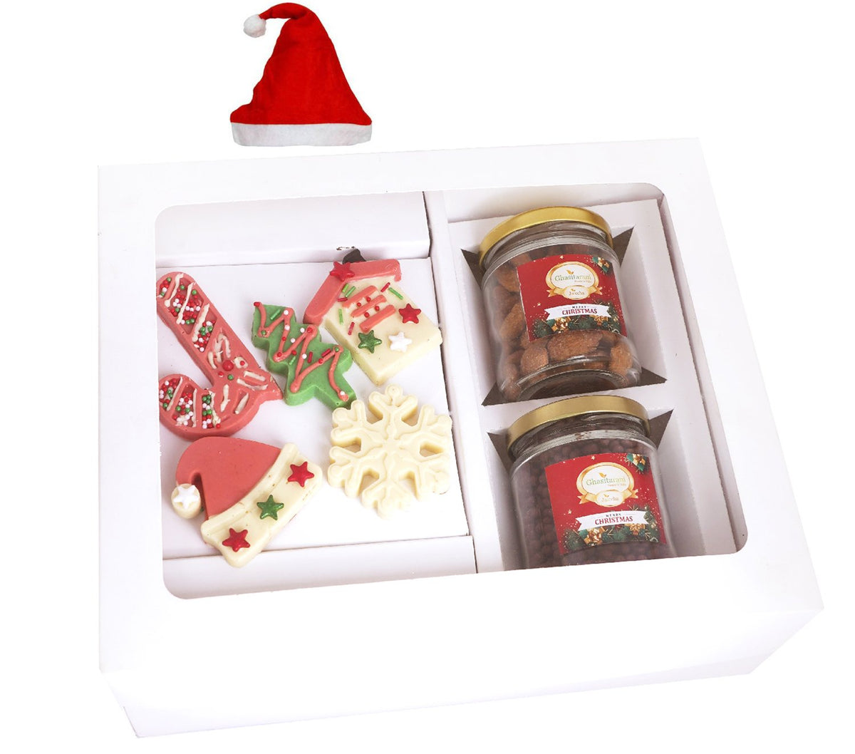 White Christmas Hamper Box Medium with Special Christmas Chocolates and 2 jars of Caramel Almond and Chocolated Coated Crispies