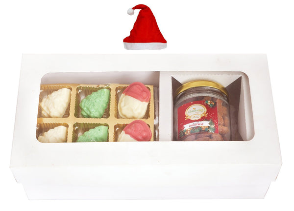 White Christmas Hamper Box Small with Christmas Chocolates and Caramel Almond Jar