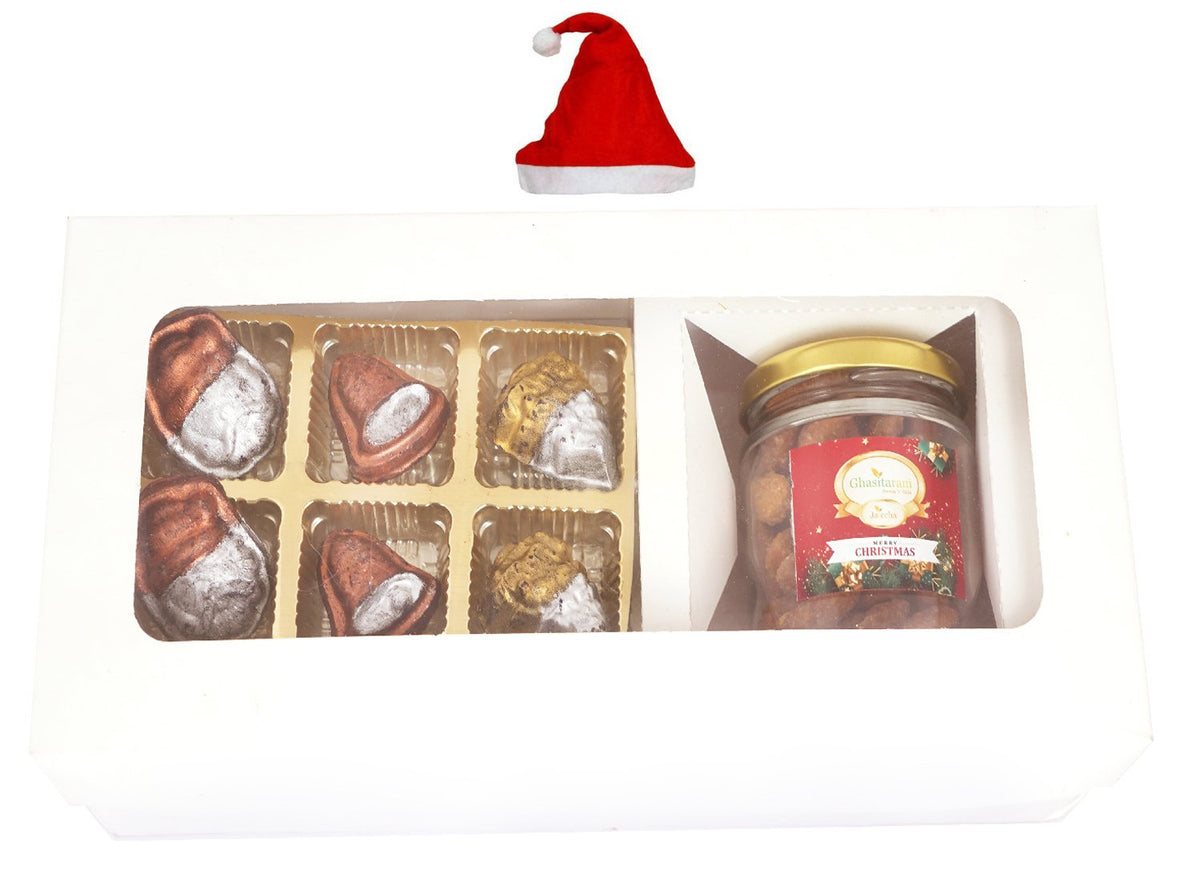 White Christmas Hamper Box Small with Sheen Chocolates and Caramel Almond Jar