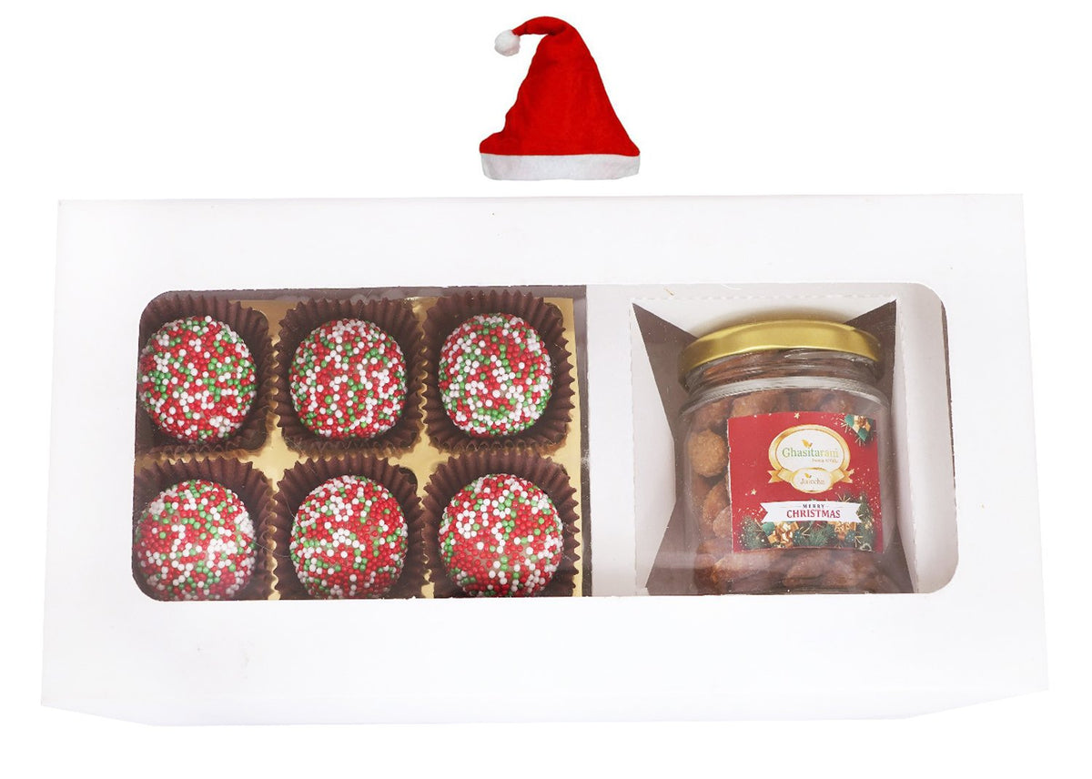 White Christmas Hamper Box Small with Hazelnut Balls and Caramel Almond Jar
