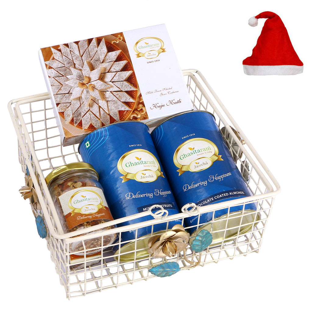 Christmas Gifts-White Metal basket of 2 cans of dryfruits, Mukhwas and Milk Cake