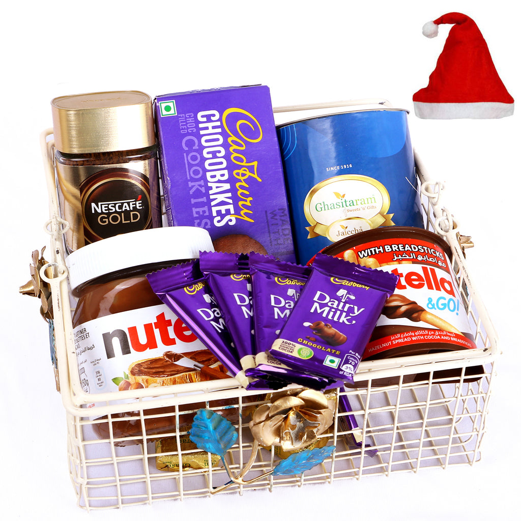 Christmas Gifts-White Metal Basket of Assortments with Mix Dryfruits Can