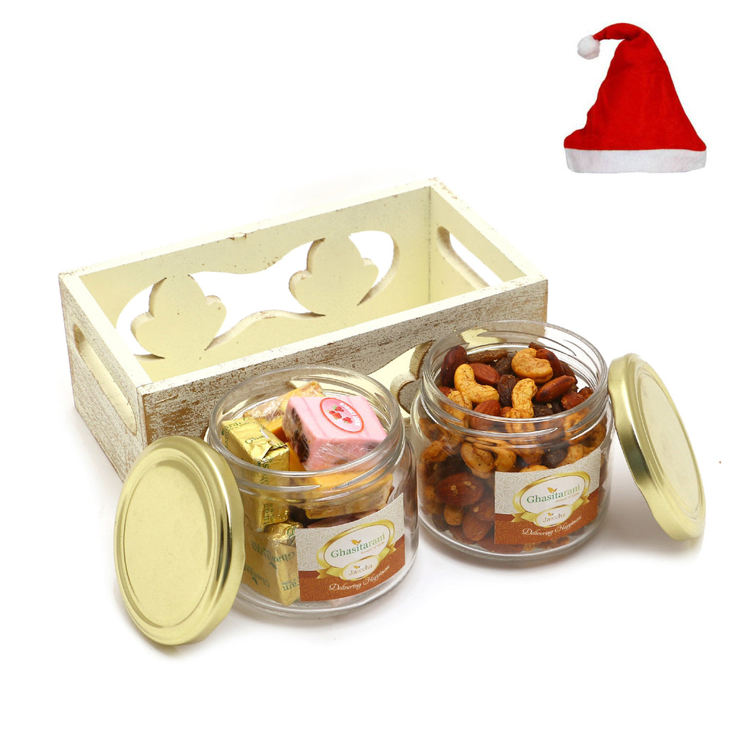 Christmas Gifts-White Wooden Tray of 2 Jars Of Assorted Bites and Mix Dryfruits