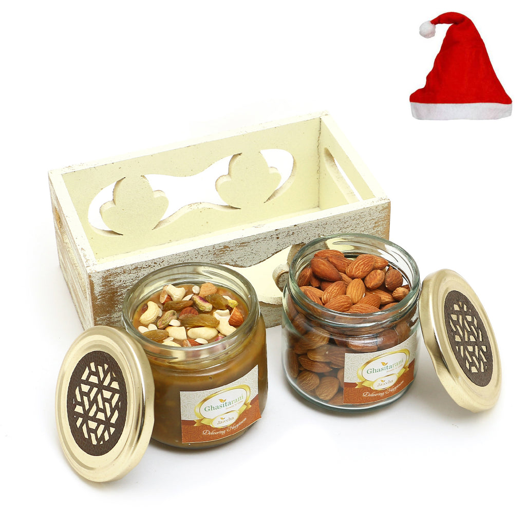 Christmas Gifts-White Wooden Tray of 2 Jars Of Dryfruit Halwa and Almonds