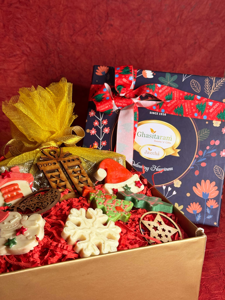 Ghasitaram Christmas Hamper Box with plum cake and chocolates and tags