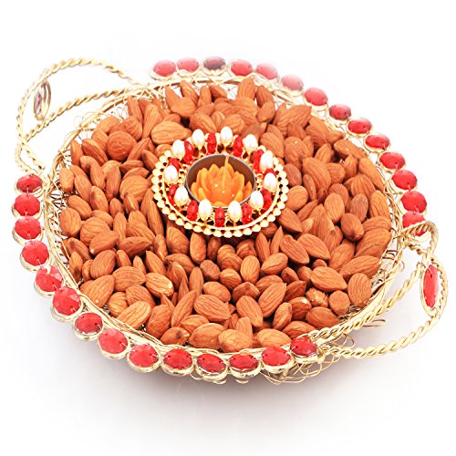 Diwali Hampers-Golden Mesh Thali with T- Lite and Almonds