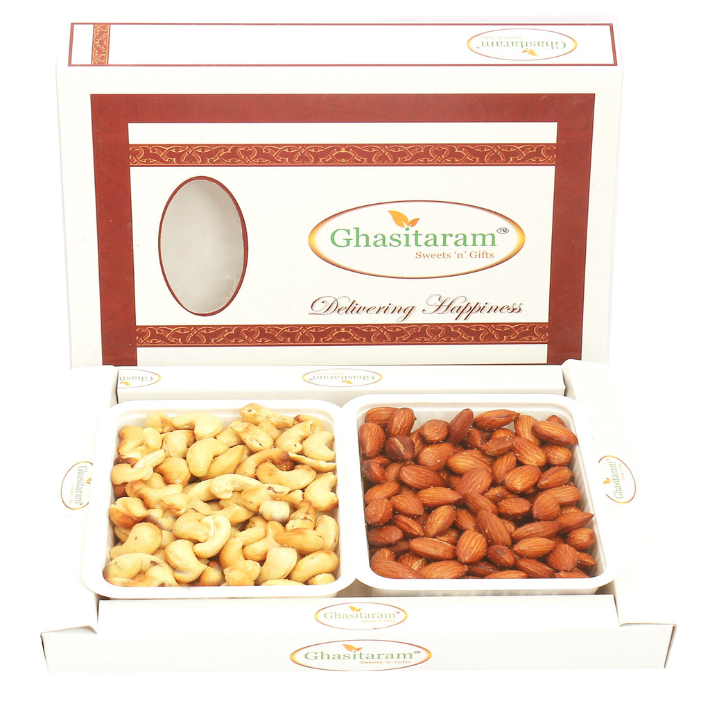 Salted Cashews and Salted Almonds in White Box