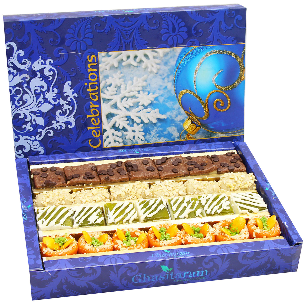 Assorted Box of Kaju Chocolate Barfi,Mango Bite,Kaju roll and Kaju Orange delight  800 gms