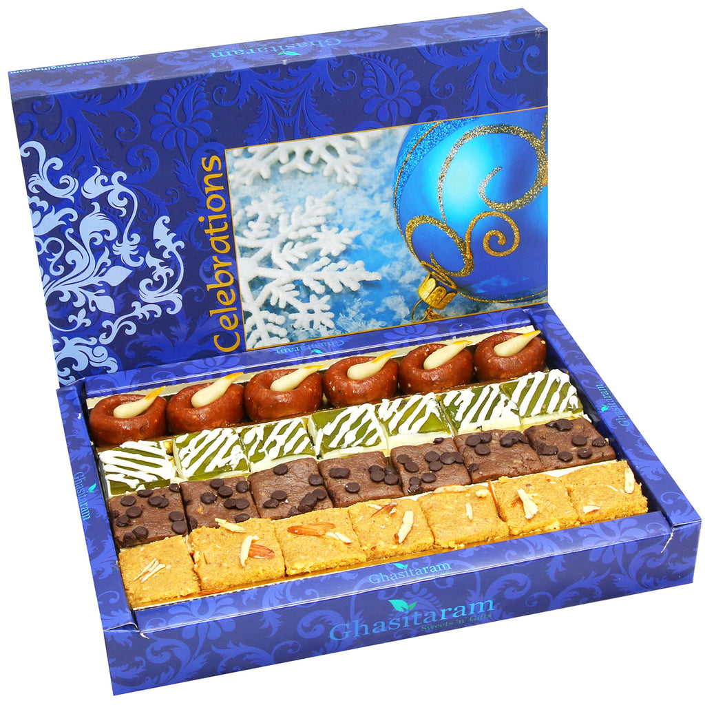 Assorted Box of Kaju Chocolate Barfi,Mango Bite, Mathura Diya and Besan Barfi 400 gms