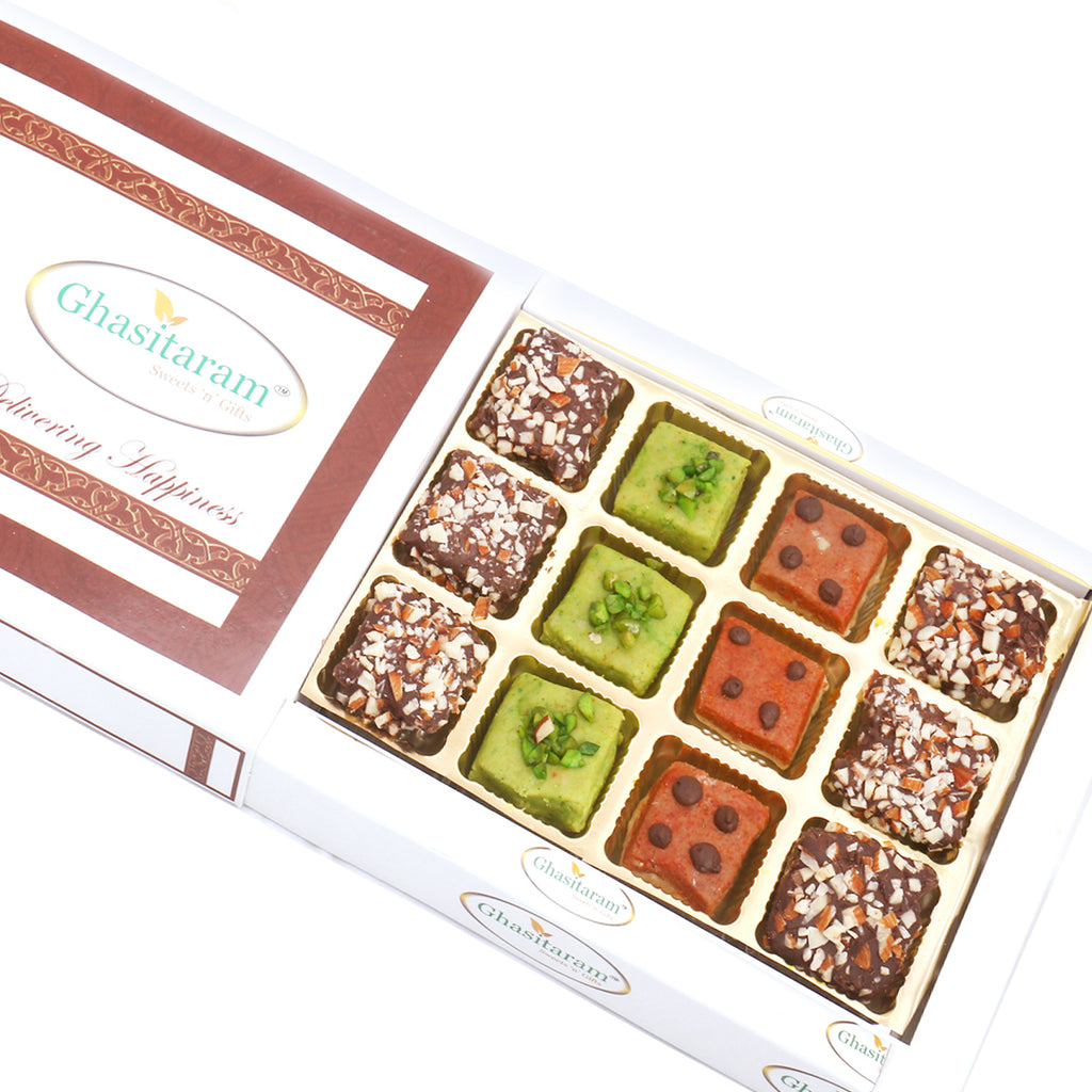 Pista Barfi,  Besan Barfi and English Brittle Chocolates In White Box