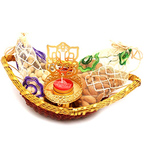 Boat Basket with Almonds, Nutties Pouches and Ganesha T- Lite