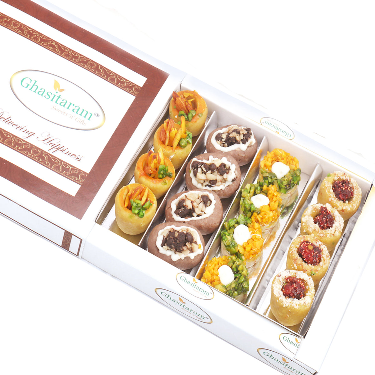 Assorted Box of Anjeer Basket, Kesar Pista Delight, Choco Boat and Almond Basket  400 gms