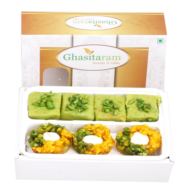 Assorted Box of Pista Barfi, Kesar Pista Delight, Choco Boat and Besan Barfi  200 gms