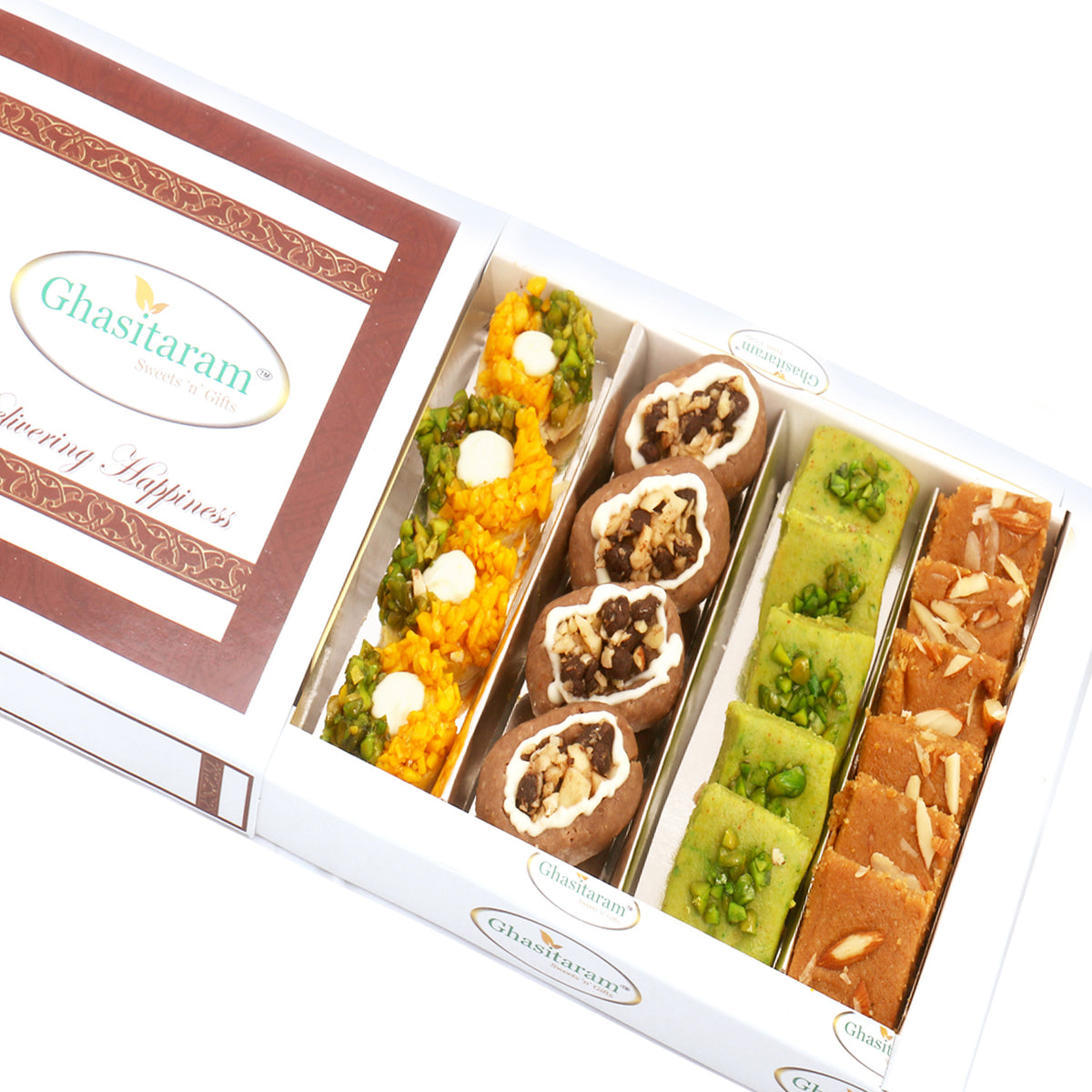 Assorted Box of Pista Barfi, Kesar Pista Delight, Choco Boat and Besan Barfi  400 gms