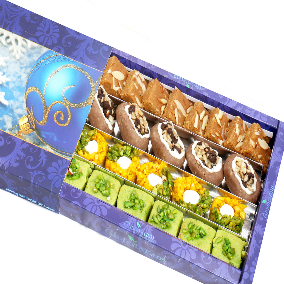 Assorted Box of Pista Barfi, Kesar Pista Delight, Choco Boat and Besan Barfi  800 gms