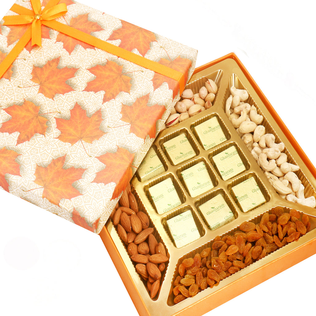 Diwali Chocolates- Orange Print Dryfruits and 9 pcs Chocolates Box