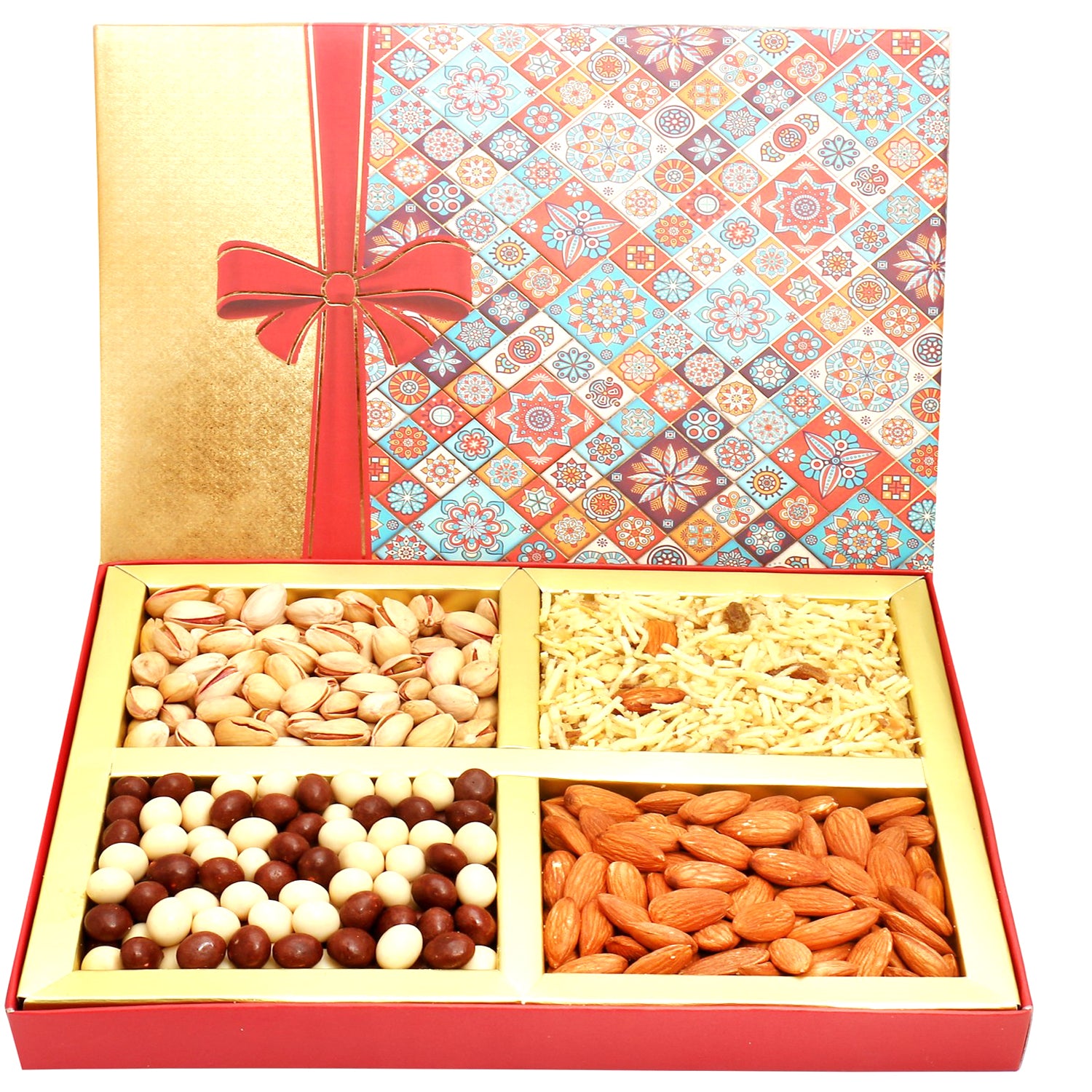 Ghasitaram Gifts Diwali Bow Figs Gifts Hamper Diwali Bites Granula Printed  Hampers Box Bites, with Almonds, Dates Sugarfree GMS and Roasted Namkeen  800
