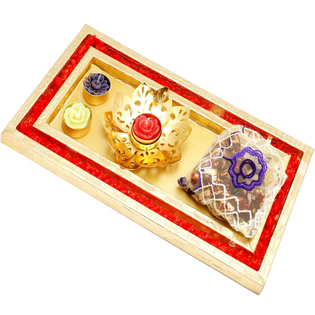  Red and Gold Thali/ Platter with Golden T-Lite and Sugarfree Mix Pouch