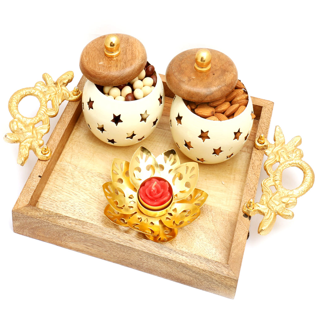 Square Wooden Pooja thali/ Platter with almonds and Nutties jar and Golden T-Lite