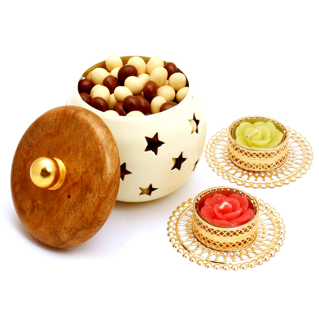 White wooden Nutties jar with 2 T-lites
