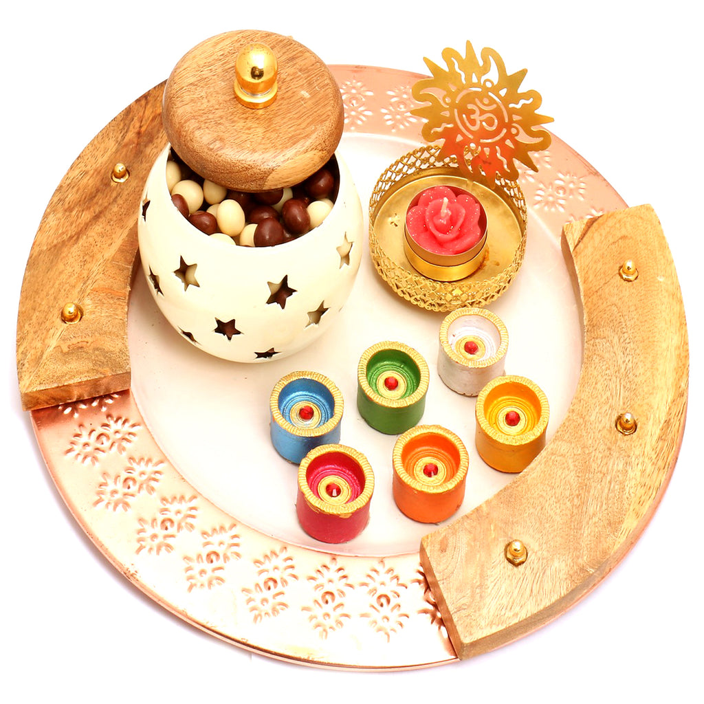 Wooden Copper Platter with Nutties Jar and Om T- Lite and Diyas