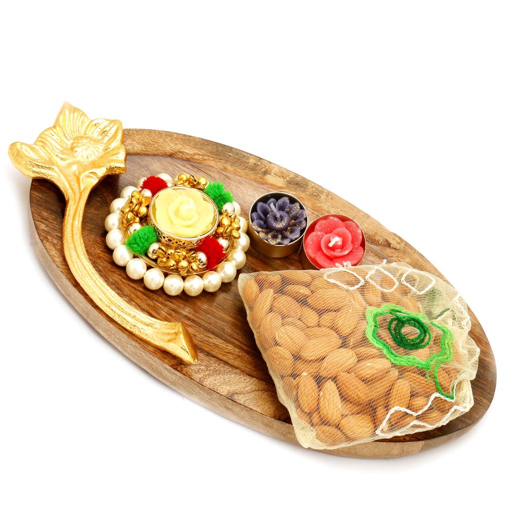  Wooden Platter with Pearl T-Lite and almonds Pouch