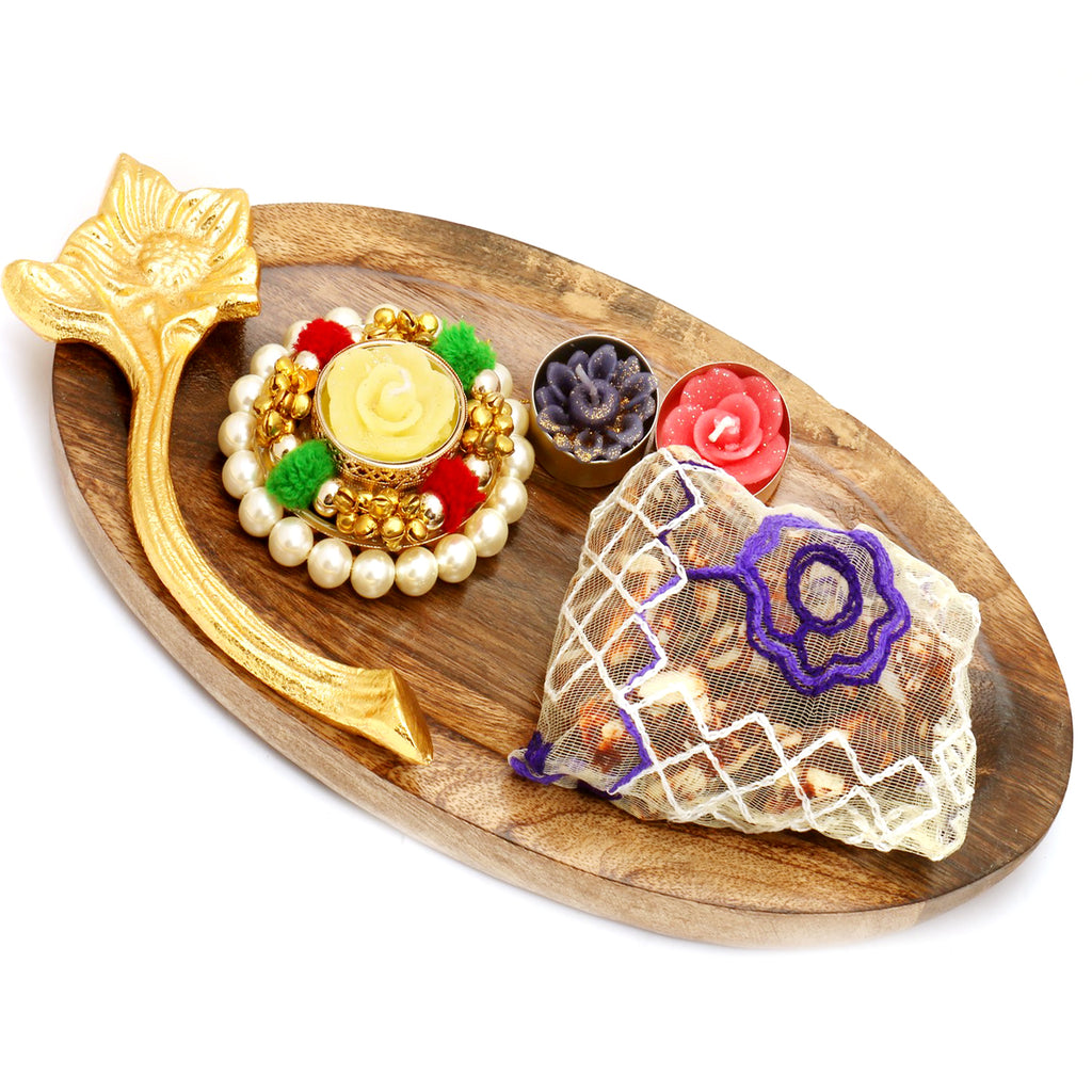  Wooden Pooja Thali/ Platter with Pearl T-Lite and Sugarfree Mix Pouch