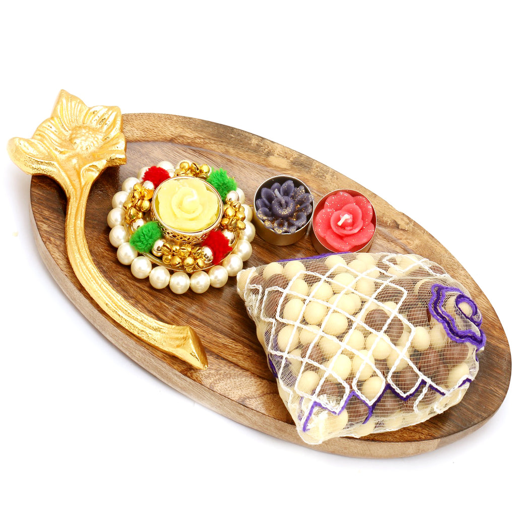 Wooden Platter with Pearl T-Lite and Nutties Pouch