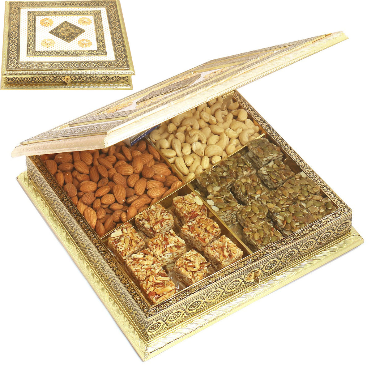 White Gold Big BH- 1018 Minakari Cashews, Almonds, Sugarfree Bites and Pumpkin Seeds Bites Box 800 gms