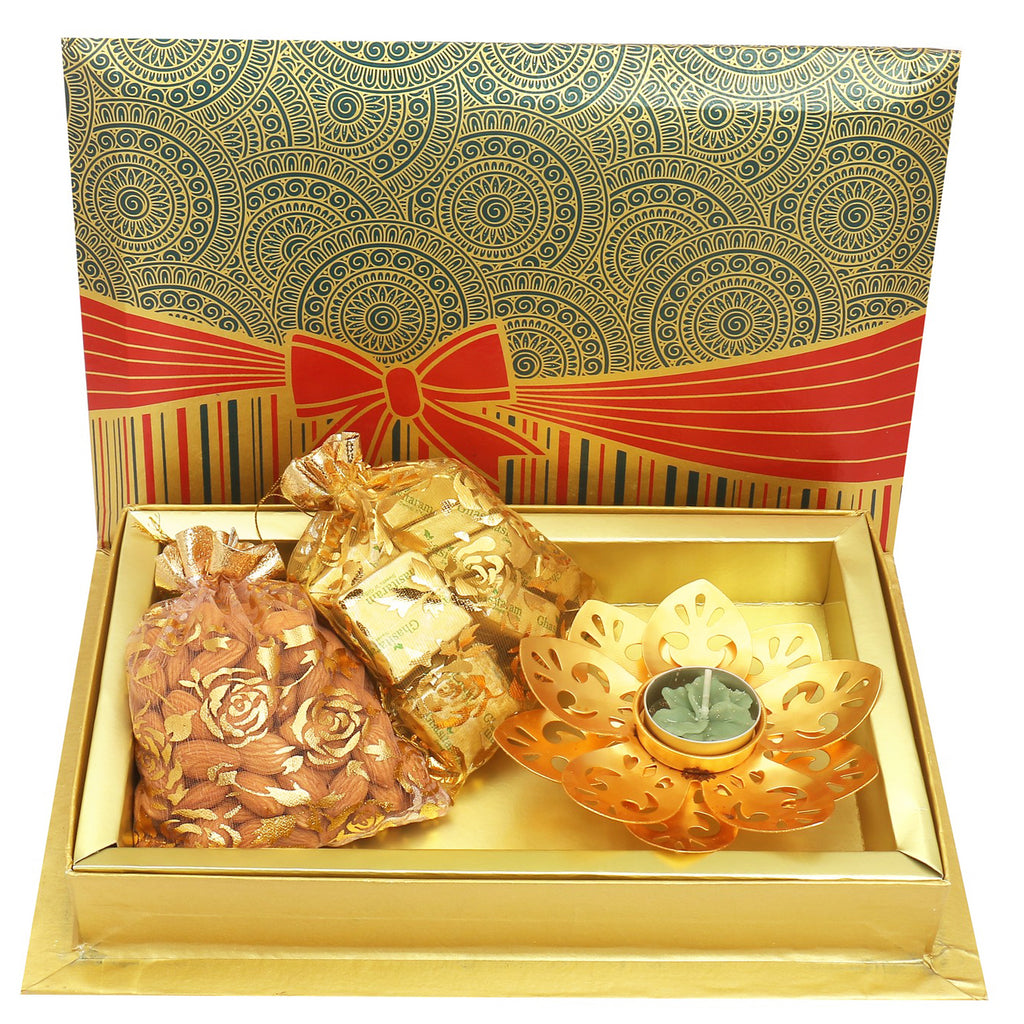 Almonds, Chocolates Pouches with Golden T-lite in Fancy Gift Box