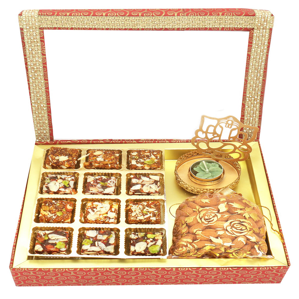 Almonds, Sugarfree Bites Pouches with Golden T-lite in Fancy Gift Box
