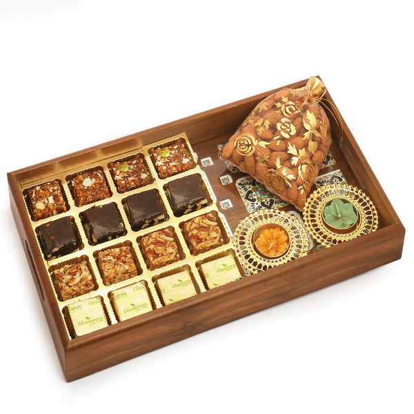 Big Wooden Printed 16 pcs Assorted Bites Tray, T-Lite and Almonds Pouch