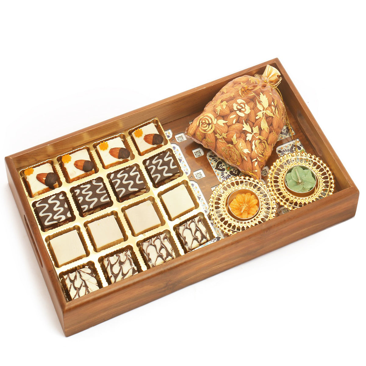 Big Wooden Printed 16 pcs Choco Dryfruit Bites Tray, T-Lite and Almonds Pouch
