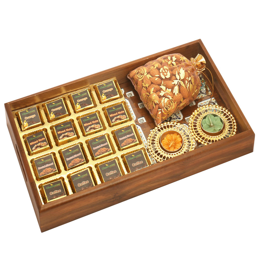 Big Wooden Printed 16 pcs Assorted Chocolates Tray, T-Lite and Almonds Pouch