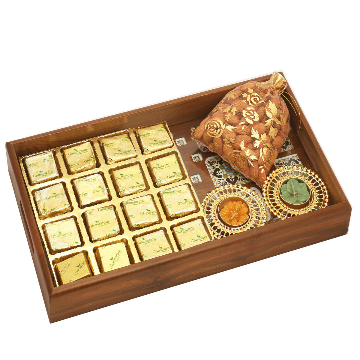 Big Wooden Printed 16 pcs Mewa Bites Tray, T-Lite and Almonds Pouch