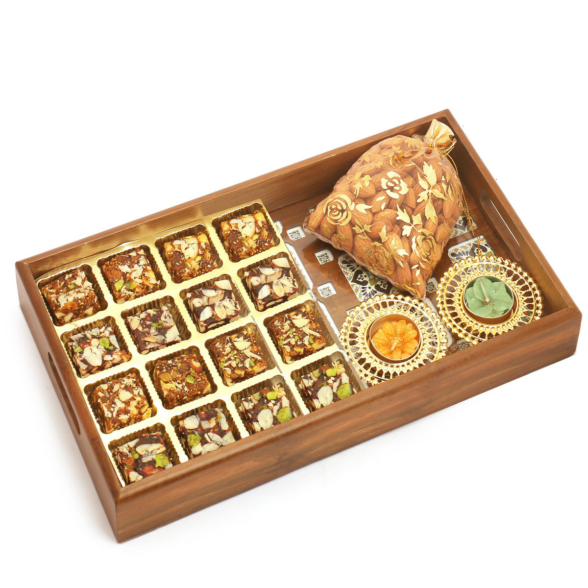 Big Wooden Printed 16 pcs Sugarfree Bites Tray, T-Lite and Almonds Pouch