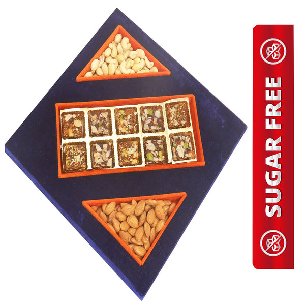 Blue Velvet Tray of Sugarfree Bites, Almonds and Cashew Pouches