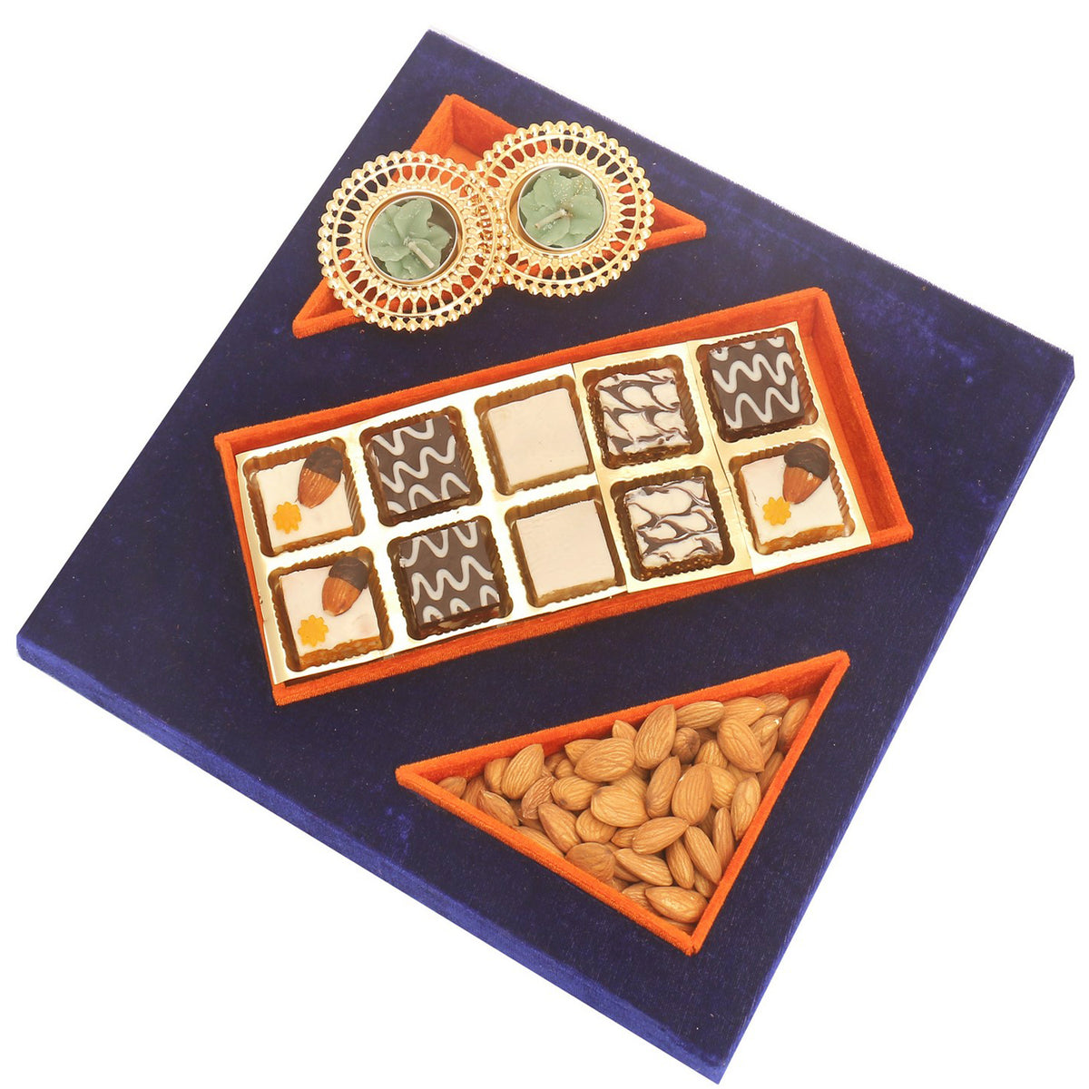 Blue Velvet Tray of Choco Dryfruit Bites, Almonds  and 2 T-Lites