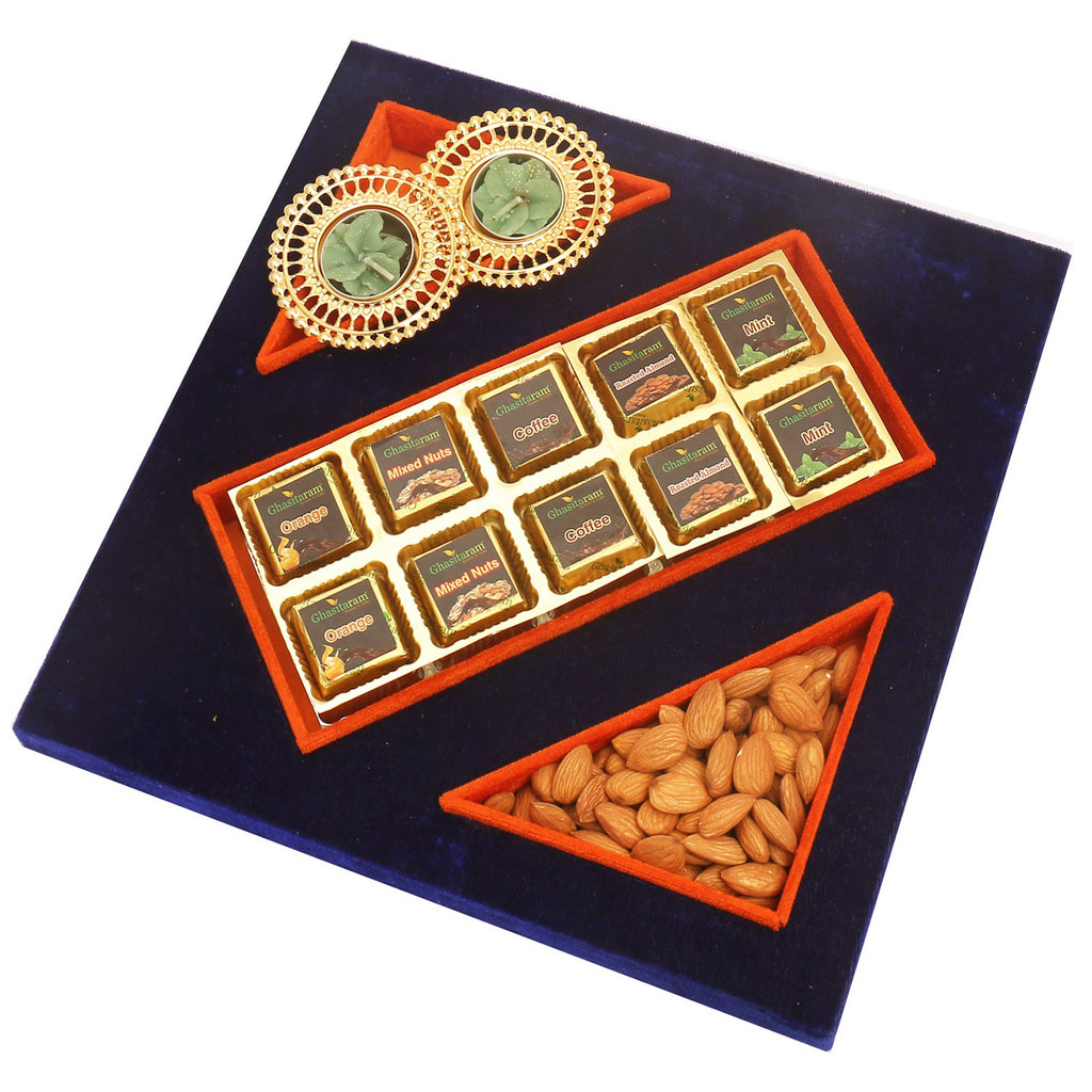 Blue Velvet Tray of Assorted Chocolates, Almonds and 2 T-Lites