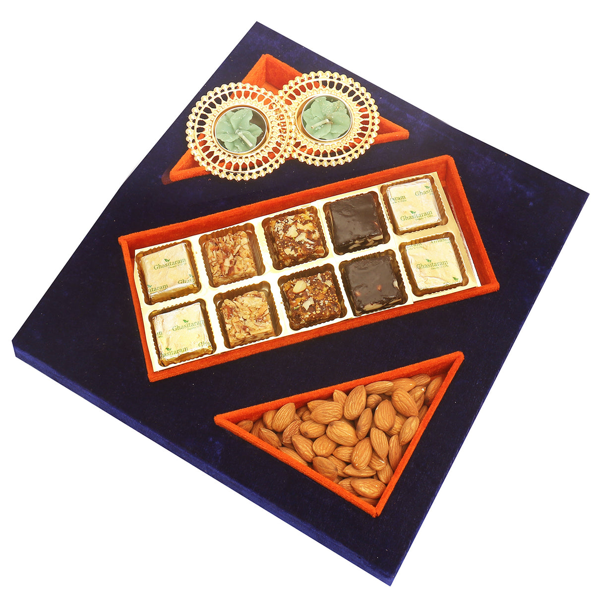 Blue Velvet Tray of Assorted Bites, Almonds  and 2 T-Lites