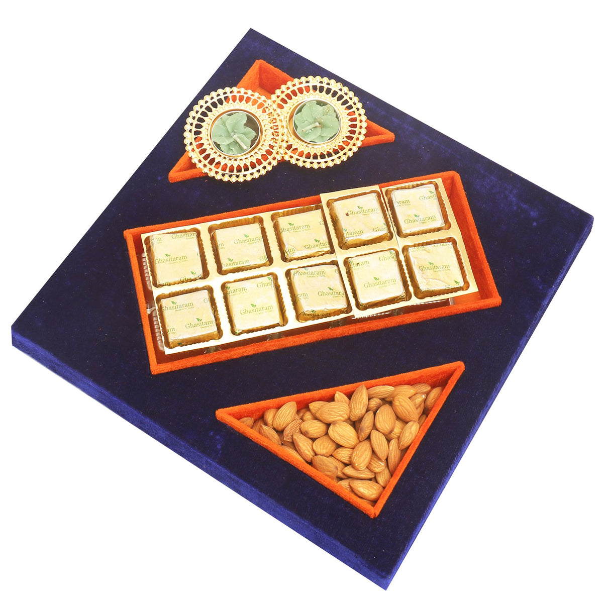 Blue Velvet Tray of Mewa Bites, Almonds  and 2 T-Lites