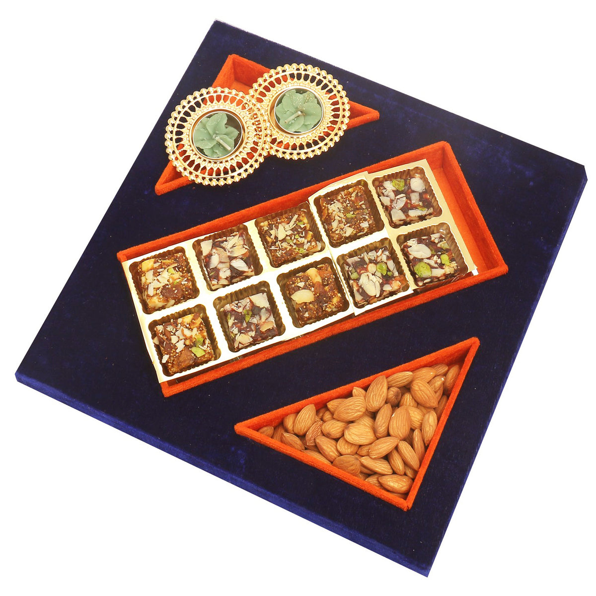 Blue Velvet Tray of Sugarfree Bites, Almonds  and 2 T-Lites