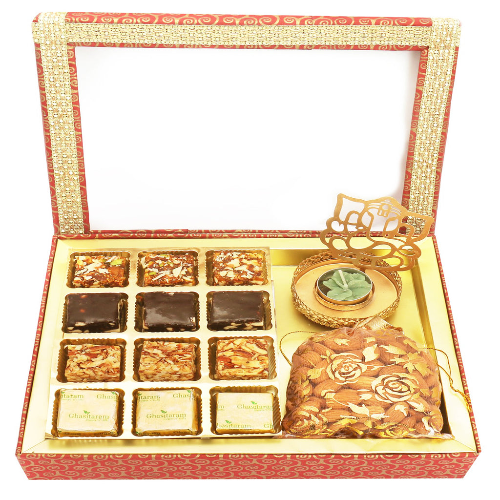 12 pcs Assorted Bites, Shadow Ganesha T-Lite and Almonds Pouch Hamper Box