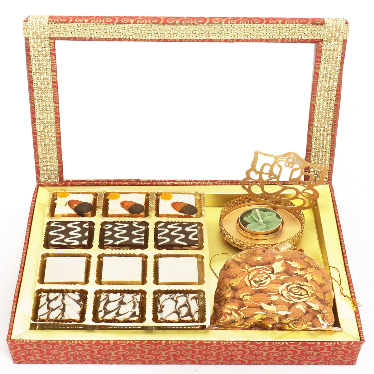 12 pcs Assorted Choco Dryfruit Bites,  Shadow Ganesha T-Lite and Almonds Pouch Hamper Box