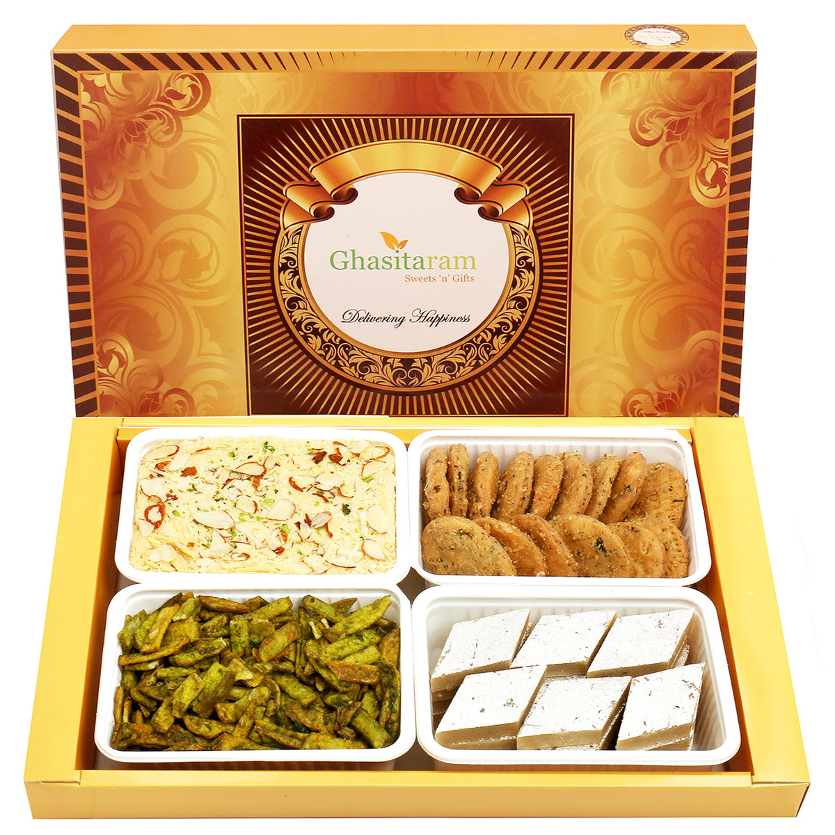 Big Box of Kaju Katli, Soan Papdi, Methi Mathi and Potato Palak Chips