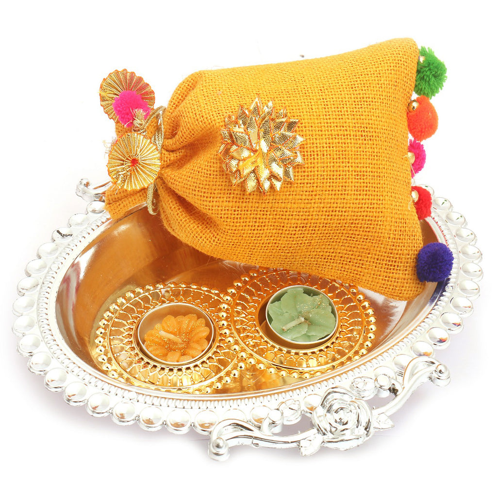 Silver Oval Tray with Jute Nutties Pouch and 2 T-Lites