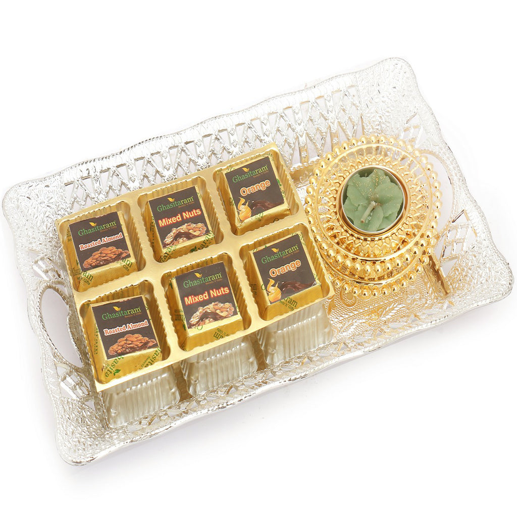 Rectangle Silver Small Tray with Assorted Chocolates and 2 T-Lites