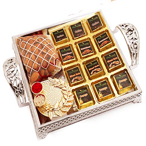 Silver Tray with Assorted Chocolates, Almonds and Mini Pooja Thali